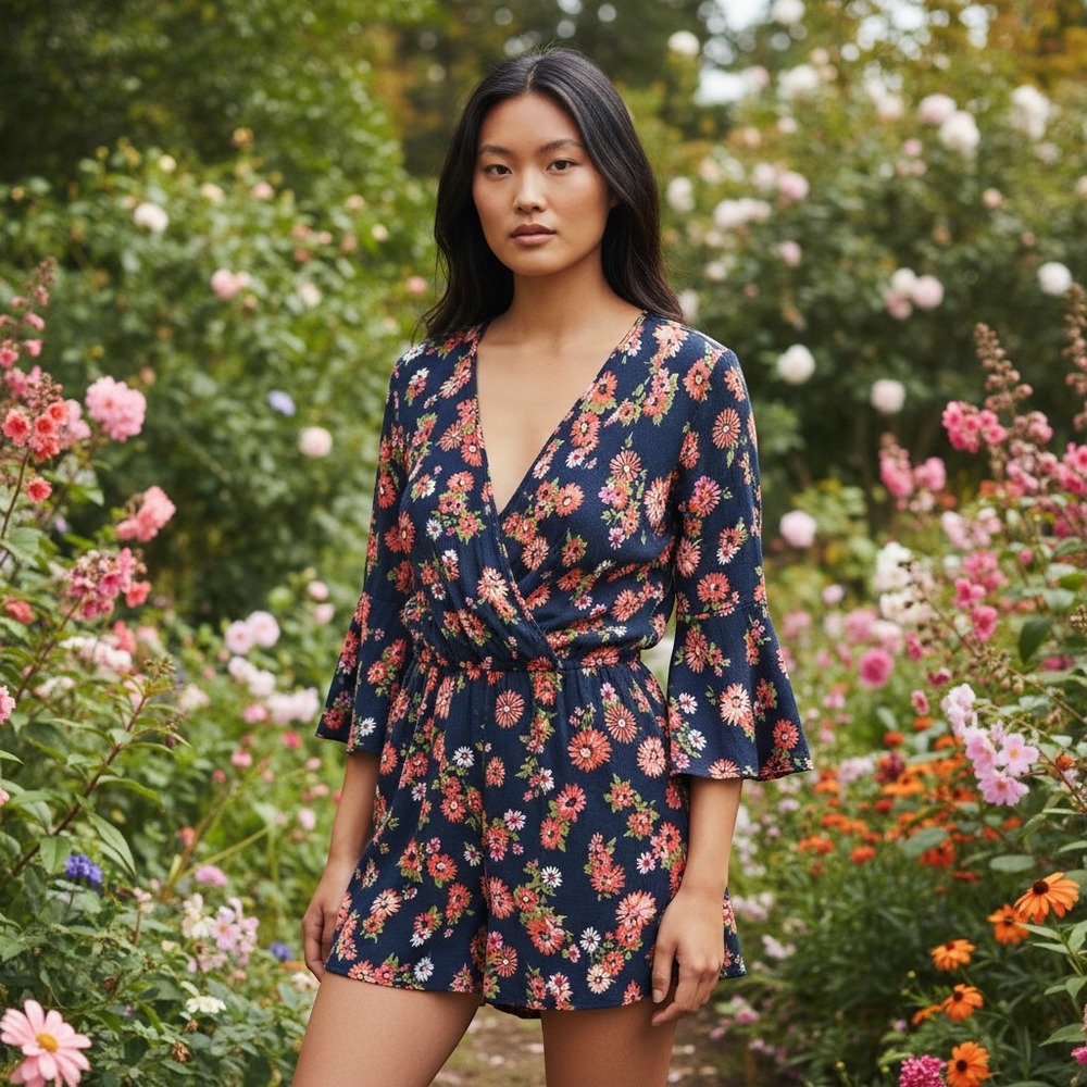 Altar'd State Floral Romper Womens Medium Navy Blue Excellent Bell Sleeve Boho